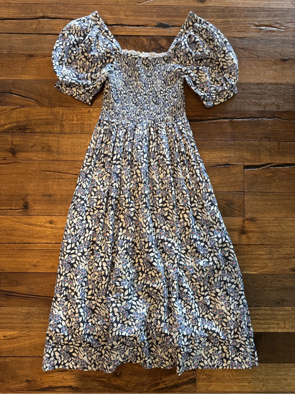 THE GREAT Cream and Light Blue Smocked Top